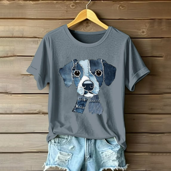 Qulqfy Cartoon Shirts for Women Cute Dog Print Puppy Shirts Gray Short Sleeve Women's Graphic Tops S
