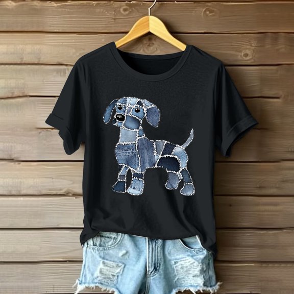 Qulqfy Cartoon Shirts for Women Puppy Cute Dog Print Black Shirts Short Sleeve Women's Graphic Tops L