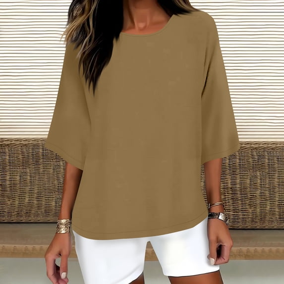Qulqfy Casual Blouse for Women Solid Loose Fit 3/4 Length Sleeve Scoop Neck Cute Fall Dressy Work Flowy Tops for Women Trendy L