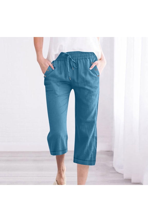 Casual Capris for Women Cotton Linen Wide Leg Blue Capris Summer High Waisted Pants with Pockets Trousers Pants for Women S