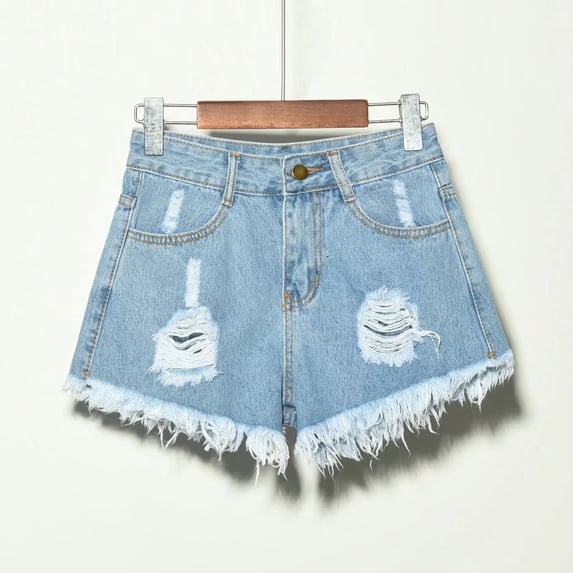 Qulqfy Casual Denim Shorts Wide-Leg Stretchy High Waisted Distressed Trendy Ripped Frayed Hem Summer Mini Womens Jean Shorts Blue