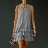 Qulqfy Sleeveless Dresses for Women Cotton Linen Solid Wedding Guest Mini Casual Graduation V-Neck Tiered Ruffle Hem Pleat Sundress XXL