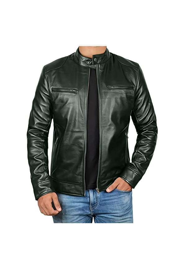 Casual Fall Jackets for Men Leather Green Vintage Collared Zip Up Lightweight Long Sleeve Fashion Jackets Coats for Men L