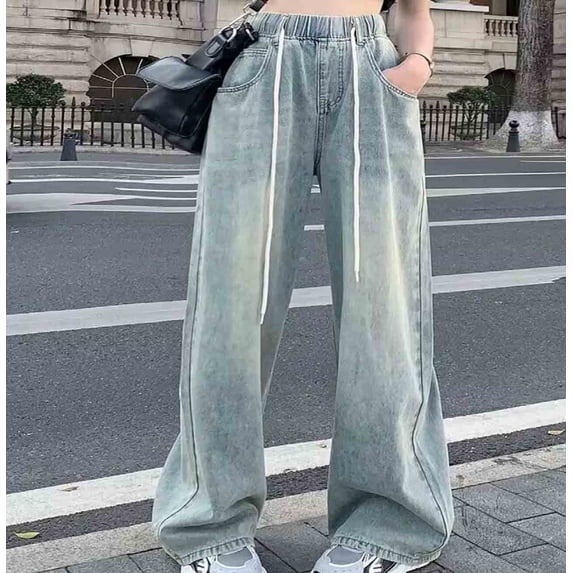Qulqfy Casual Jeans Women Denim Blue Baggy Jeans High Waisted Wide Leg Drawstring Pants for Women