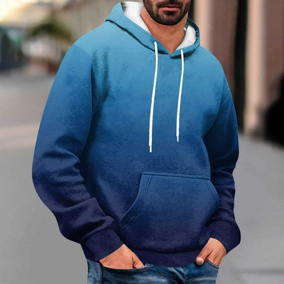 Qulqfy Casual Men's Hoodies Pullover Blue Fall Gradient Long Sleeve Hooded Sweatshirts with Kangaroo Pocket Men's Sweatshirts M