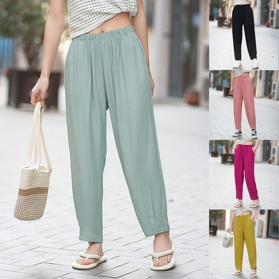Qulqfy Casual Pants Women Work Petite Green Plain Workout Loose Fit Pants L