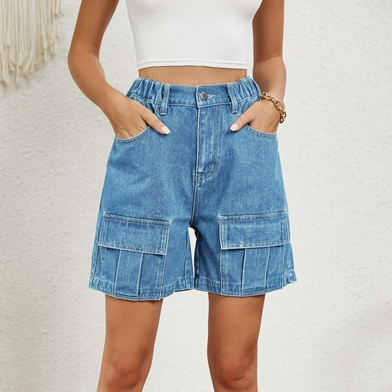 Qulqfy Casual Shorts for Women Denim Blue Cargo 4 Pockets High Waisted Shorts Pants for Teen Girls Womens L