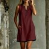 Qulqfy Mini Summer Dress Sleeveless Wedding Guest Color Block Cotton Casual With Pockets Henley V-Neck Button Down Wedding Guest Graduation Sundress Red L