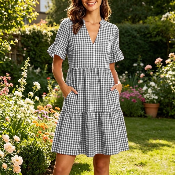 Qulqfy Casual Summer Dresses for Women Beach Midi Plaid Short Sleeve V-Neck with Pockets Vacation Flowy Spring Sundress M