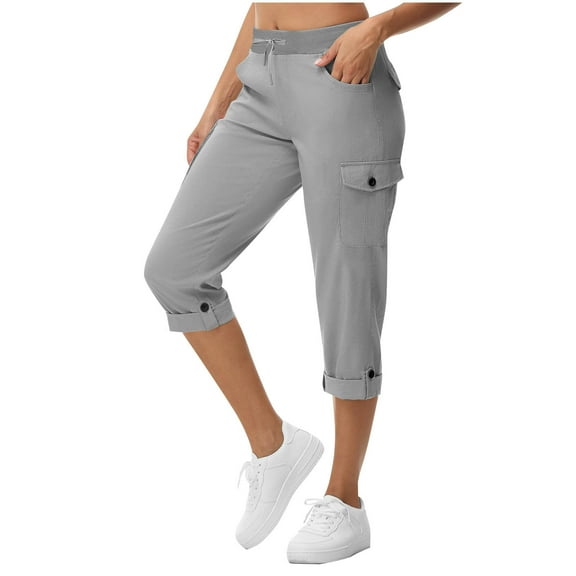Qulqfy Casual Summer Pants for Women Cotton Gray Capri Cargo High Waisted Petite with Pockets Pants Trouser for Girls M