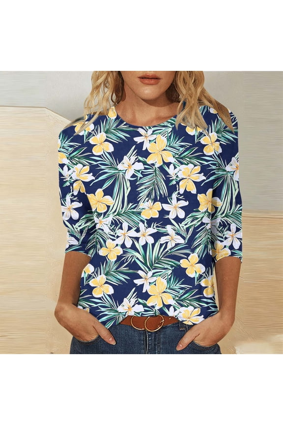 Casual Summer Shirts 3/4 Length Sleeve Hawaiian Floral Tropical Boho Crew Neck Beach Green Loose Comfy Vacation Womens Tops Summer 2XL
