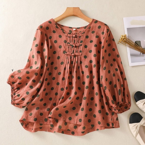 Qulqfy Casual Summer Shirts for Women Short Sleeve Crew Neck Polka Dot Cotton Linen Button Down Spring Red Tie Women's Summer Tops M