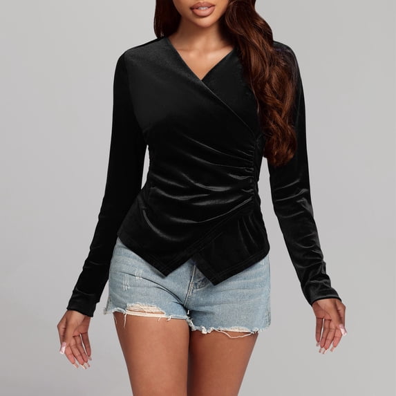 Qulqfy Casual Tops for Women Long Sleeve Fitted Velvet Asymmetrical Black Shirts Elegant V Neck Blouses Spring Tops for Women L