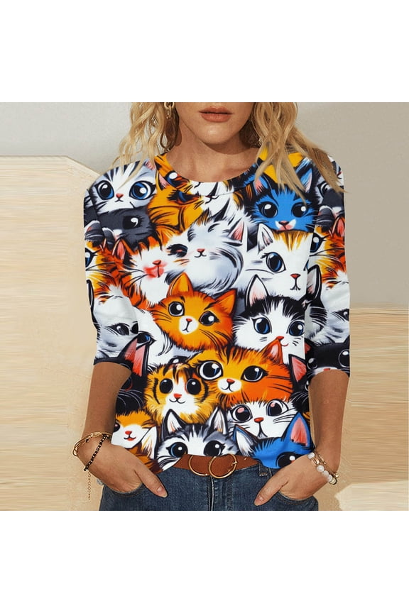 Casual Women Blouses 3/4 Length Sleeve Cat Print Slim Fit Scoop Neck Vintage Cute Pleat Tunic Fall Women Summer Tops 2XL