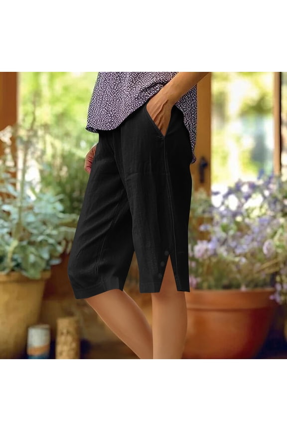 Casual Women's Capri Cotton Linen Black Petite Solid High Waisted Pants Trousers Women L