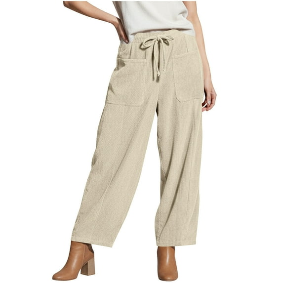 Qulqfy Casual Women's Pants Corduroy Beige Wide Leg Comfy Fall Work Pants Women Pants L