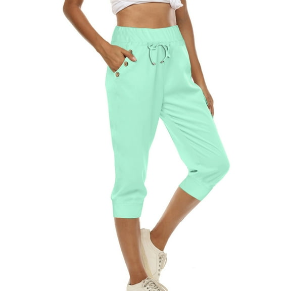 Qulqfy Casual Women's Pants in Store Green Capri High Waisted Solid Petite Drawstring Pants Jogging Pants for Women L
