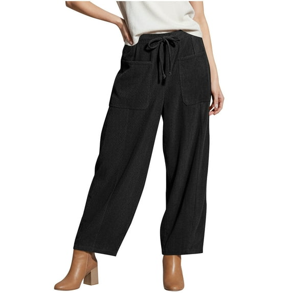 Qulqfy Casual Womens Pants Black Corduroy Wide Leg Work Comfy Fall Pants Women's Pants M