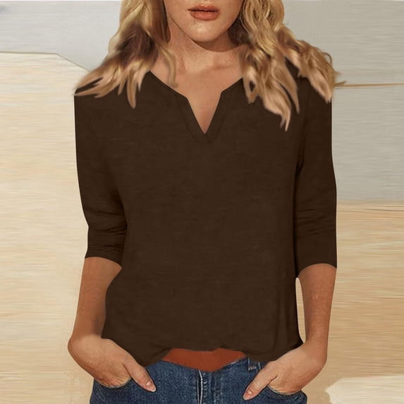 Qulqfy Causal Women's T Shirts 3/4 Length Sleeve Slim Fit V-Neck Tunic Vacation Basics Womens Summer Tops XL