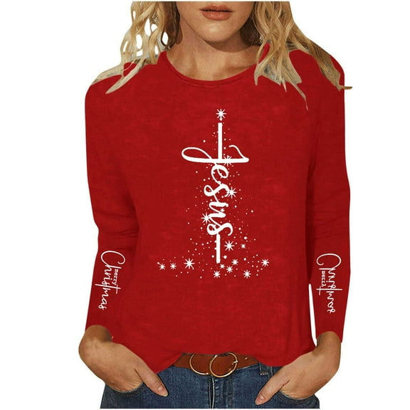 Qulqfy Christmas Shirts for Women Red Crewneck Xmas Soft Long Sleeve Christian Plus Size Religious Tops Christmas Shirt for Women