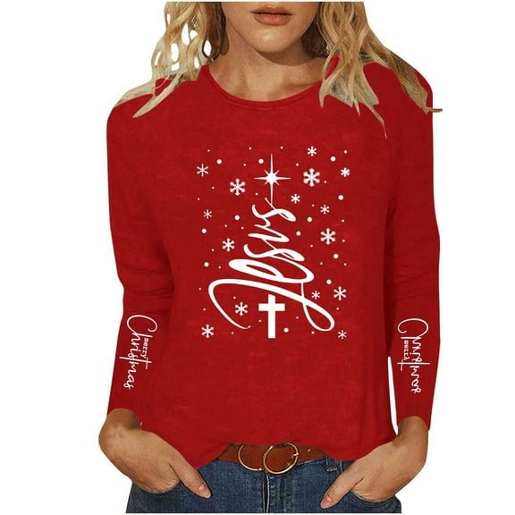 Qulqfy Christmas Tshirts Women Crew Neck Red Xmas Long Sleeve Christian Plus Size Cozy Religious Shirts Christmas Vacation Shirt for Women