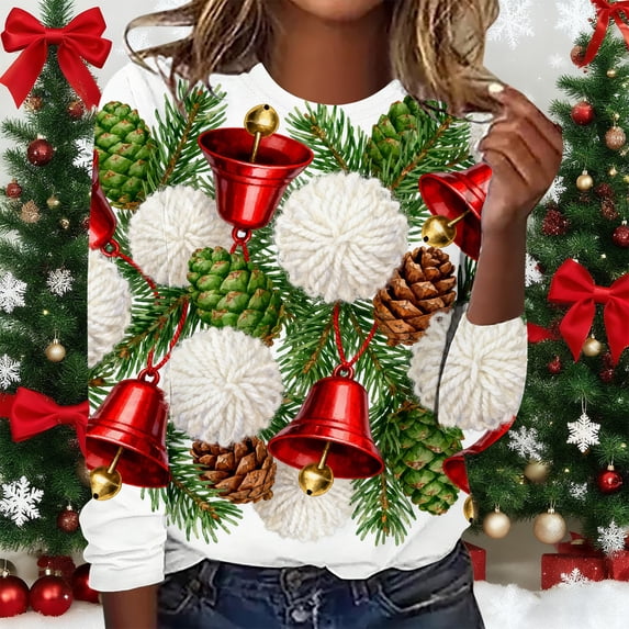 Qulqfy Christmas Tshirts Women Red Crewneck Xmas Jingle Bells Long Sleeve Casual Plus Size Holiday Blouses Funny Christmas Shirts for Women