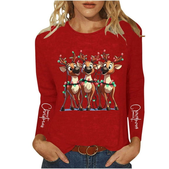 Qulqfy Christmas Tshirts Women Xmas Crew Neck Red Cozy Reindeer Cute Plus Size Long Sleeve Tops Funny Christmas Shirts for Women
