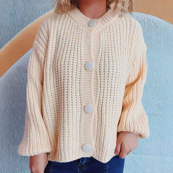 Qulqfy Chunky Cardigan Sweater for Women Button Up Fall Beige Lantern Sleeve Sweaters Fall Women's Crew Neck Tops L