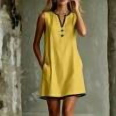 Qulqfy Wedding Guest Summer Dress Color Block Mini Cotton Sleeveless Casual Button Down Henley V-Neck Graduation With Pockets Wedding Guest Sundress Yellow XL