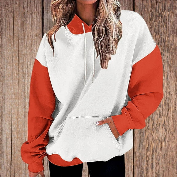 Qulqfy Color Block Sweatshirts Women Long Sleeve Drop Shoulder Pullover Sweatshirts Orange Women Fall Tops S