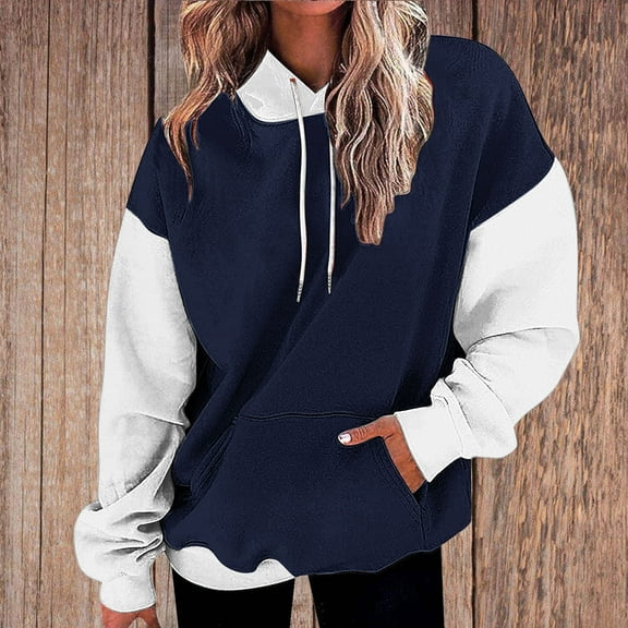 Qulqfy Color Block Sweatshirts Women Long Sleeve Pullover Drop Shoulder Sweatshirts Fall Blue Tops for Women XL