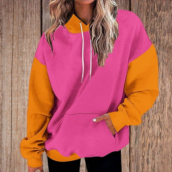 Qulqfy Color Block Sweatshirts Women Pullover Long Sleeve Pink Drop Shoulder Sweatshirts Fall Tops for Women S