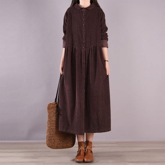 Qulqfy Corduroy Dresses for Women Casual Brown Long Sleeve Midi Retro Collared Flowy Dresses Womens Dresses Fall M