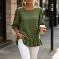thumbnail image 1 of Qulqfy Cotton Boho Tops for Women Fall Casual Solid 3/4 Sleeve Army Green Scoop Neck Cute Pleat Ruffle Hem Outfits L, 1 of 8