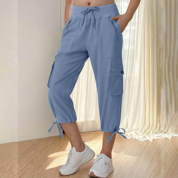 Qulqfy Cotton Capris for Women Cargo High Waist Tie Side Wide Leg Drawstring Blue Capris S