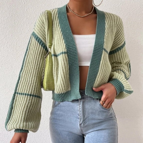 Qulqfy Cotton Cardigans for Women Cropped Green Knitting Short Cardigans Women's Striped Shirts for Teen Girls S