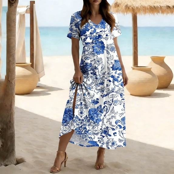 Qulqfy Cotton Dresses for Women Maxi Boho Flowy Cap Sleeve Floral Side Slit Casual Vintage V-Neck Blue Beach Long Dresses L
