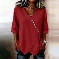 thumbnail image 1 of Qulqfy Cotton Linen Boho Tops for Women 3/4 Sleeve Solid Casual Fall Red Button Asymmetrical Hem Tie V-Neck Fashion Outfits L, 1 of 6