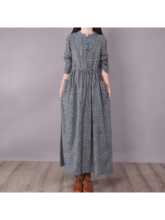 Maxi Summer Dress Solid Cotton Linen Long Sleeve Button Down Collared Beach Vacation with Pockets Work Gray Tie Sundresses M