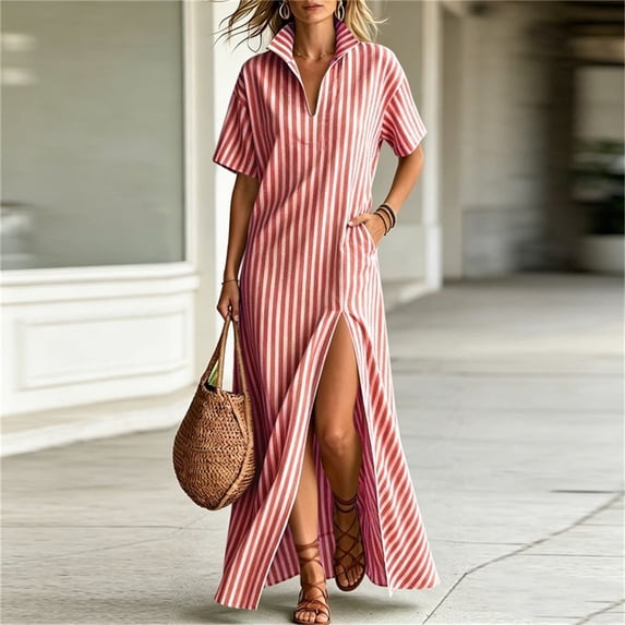 Qulqfy Cotton Linen Summer Dresses for Women Short Sleeve Maxi Casual Striped Ruched V-Neck Side Slit Loose Red Beach Long Dresses with Pockets M