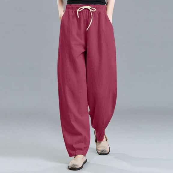 Qulqfy Cotton Linen Women Pants Summer Red Plus Size Baggy High Waisted Drawstring Comfy Pants Trousers for Women XXL