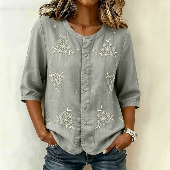 Qulqfy Cotton Linen Women's Blouses 3/4 Length Sleeve Floral Print Casual Crew Neck Button Down Spring Green Summer Tops for Women 2026 L