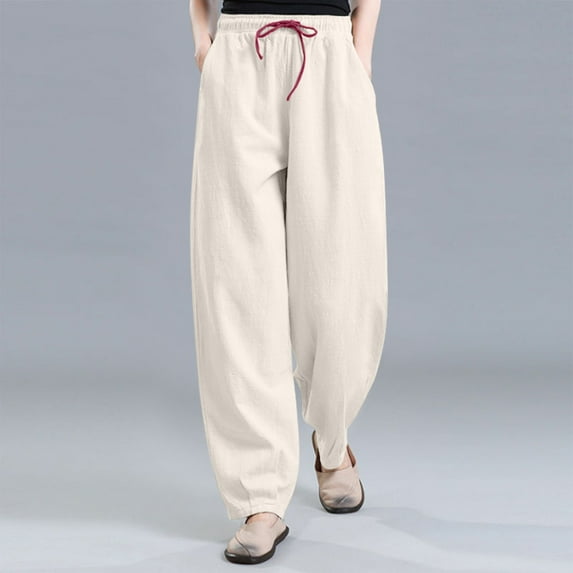 Qulqfy Cotton Linen Women's Pants Plus Size Baggy Beige Drawstring Comfy High Waisted Pants Scrub Joggers for Women M