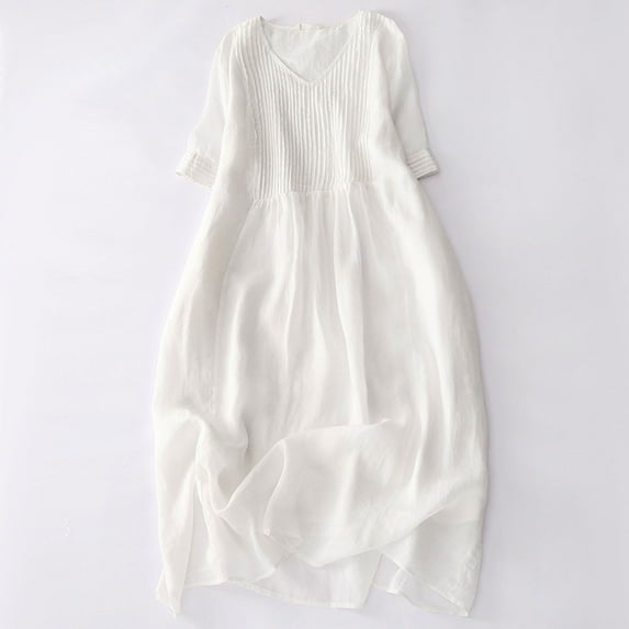 Qulqfy Cotton Linen Womens Summer Dresses Solid Plus Size Midi Long Sleeve V-Neck Work White Beach Vacation Casual Sundresses XL