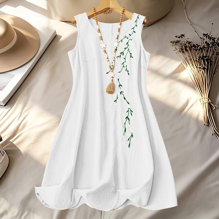 Qulqfy Cotton Summer Dresses for Women 2026 Maxi Flowy Embroidered Sleeveless Floral Pleat Cute White Casual Scoop Neck Beach Long Dresses S