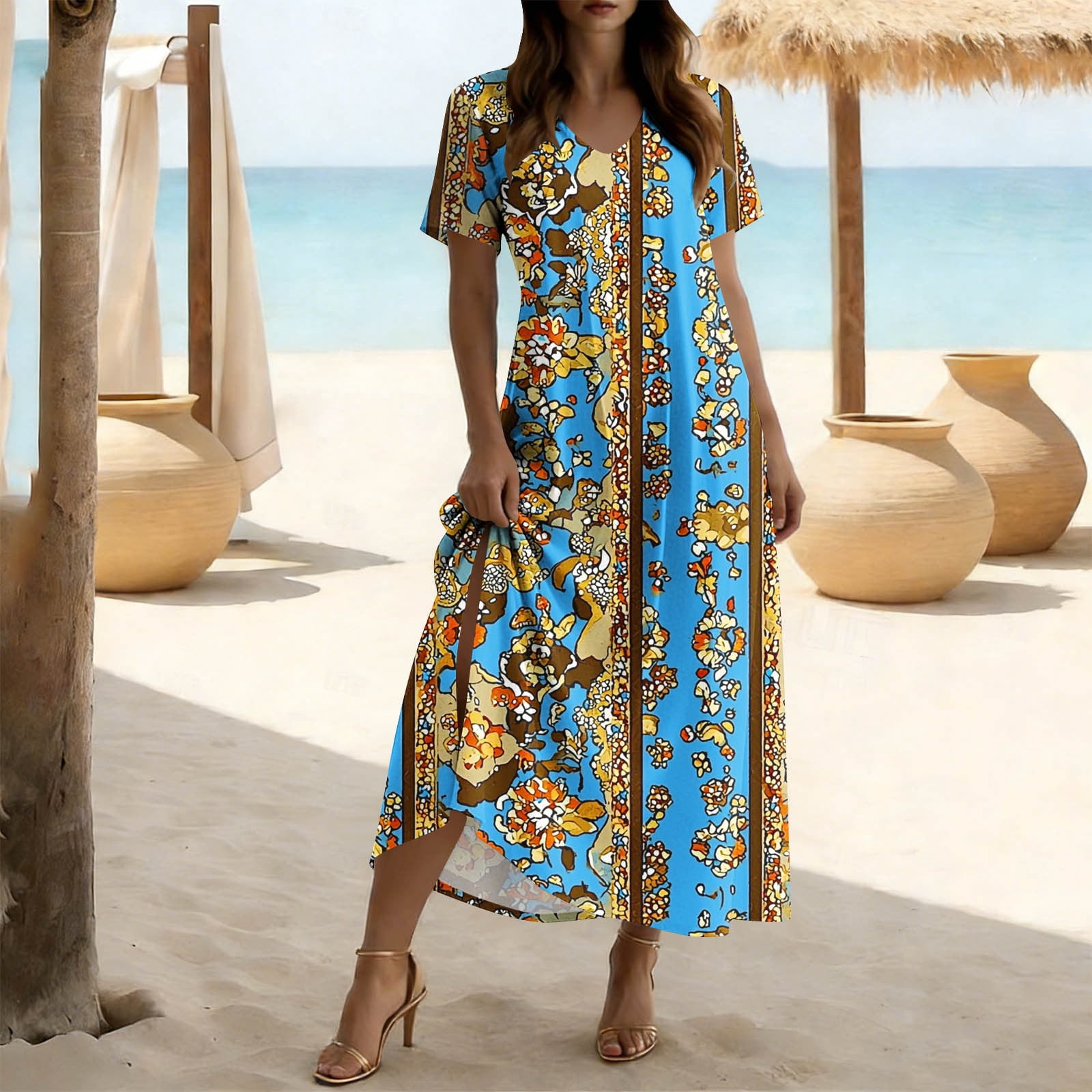 maxi cotton summer dresses Qulqfy for Women 2026 Short Sleeve Boho Flowy Floral Vintage Side Slit V-Neck Casual Light Blue Beach Long Dresses 2XL prom dresses royal blue Size:12(50KG Puppy) Le Palais Vintage Small Boho The lightweight