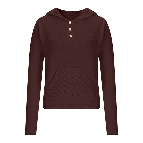 Qulqfy Cotton Women's Sweaters Pullover Bronze Long Sleeve Hooded Knitted Tops with Kangaroo Pocket Women's Fall Sweaters M