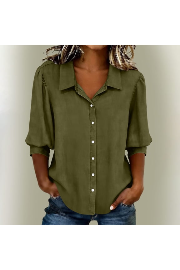 Cotton Womens Blouses Fall Solid Casual 3/4 Sleeve Army Green Button Up Collared Dressy Work Pleat Shirts for Women 2XL