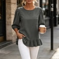 thumbnail image 1 of Qulqfy Cotton Womens Tops 3/4 Sleeve Solid Fall Casual Gray Ruffle Hem Pleat Cute Scoop Neck Shirts 2XL, 1 of 8