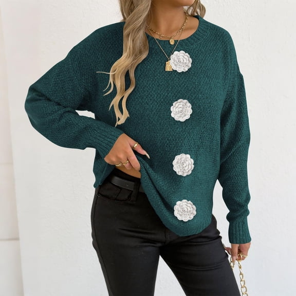Qulqfy Cozy Sweaters Women Pullover Tunic Green Sweater Crew Neck Dressy Casual Knit Floral Long Sleeve Shirts Tops for Women